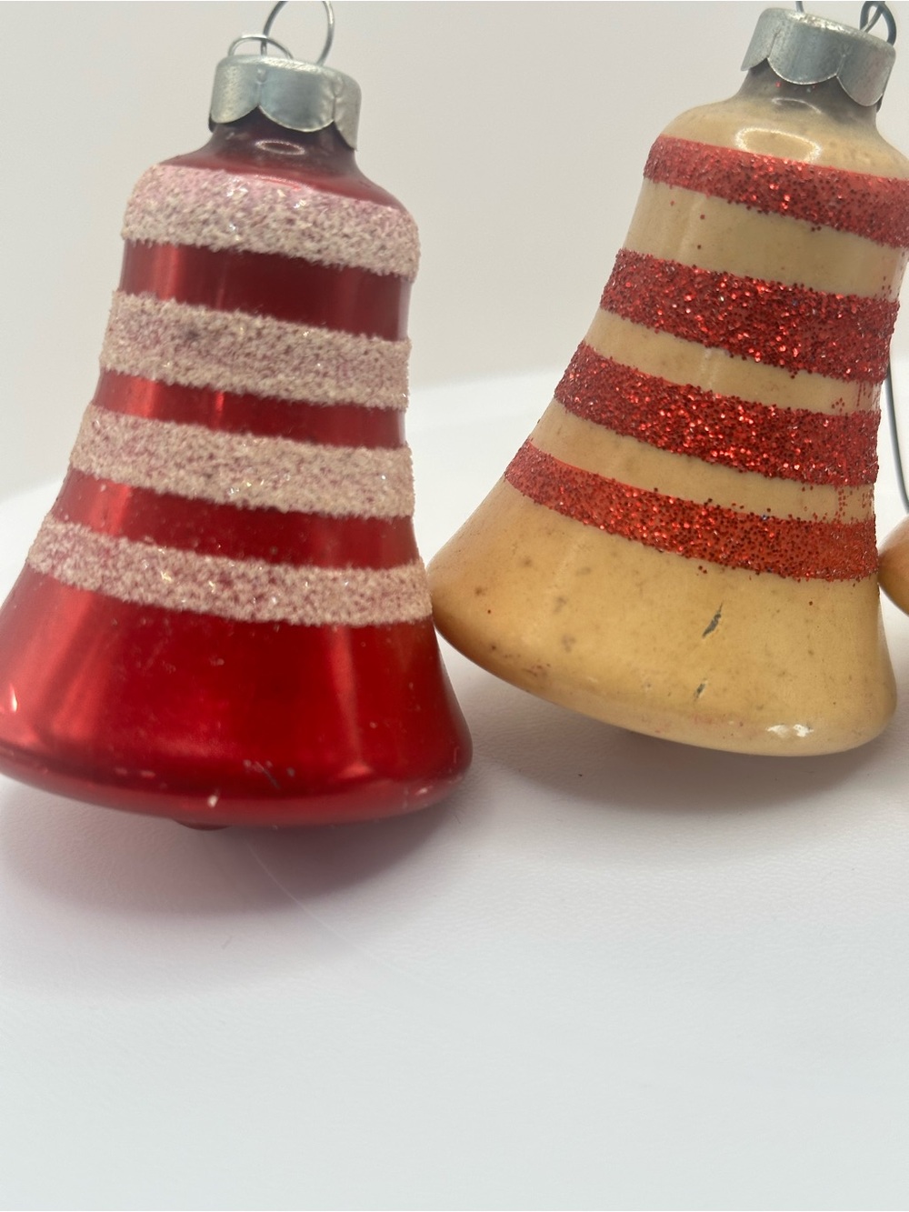 Vintage 1940s WWII Unsilvered Glass Bell Ornaments Shiny Brite Mica Striped Lot4